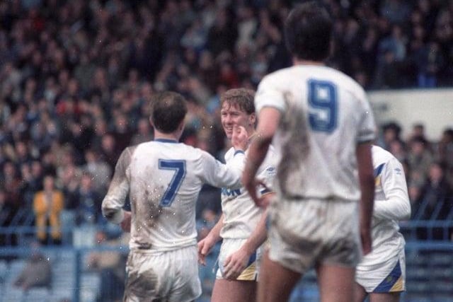 Ian Baird celebrates scoring a hat-trick during a 4-0 rout of Plymouth Argyle at Elland Road in March 1987.