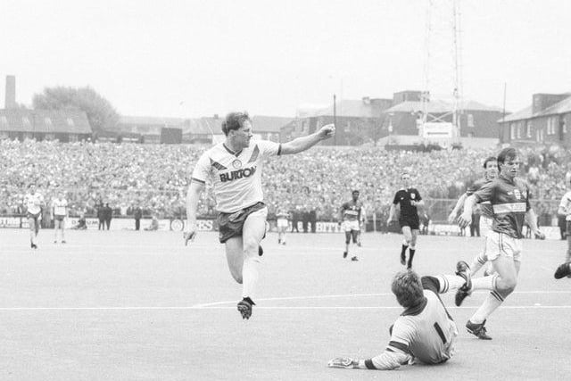 Ian Baird goes close on the Boundary Park's plastic pitch during the play off semi-final second leg in May 1987. A Keith Edwards goal meant the Whites went through on the away goals rule.