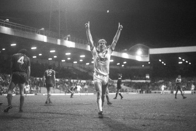 Ian Baird celebrates scoring under the Elland Road floodlights against Brighton and Hove Albion in December 1986. Leeds won 3-1.