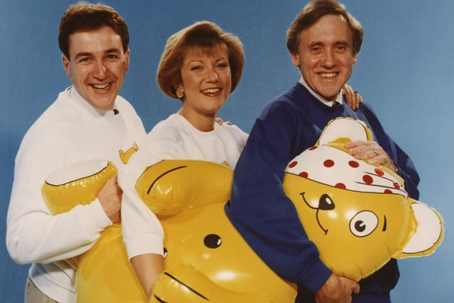 Children In Need 1991. Harry with presenters Jon Hammond and Sue Wilkins with Pudsey Bear