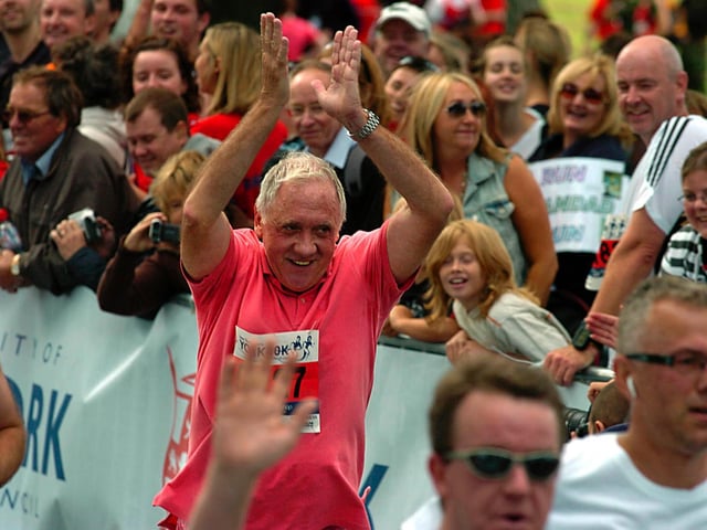 August 2009 and Harry Gration crosses the finish line in the first ever Jane Tomlinson York 10k which attracted 5,000 entries.