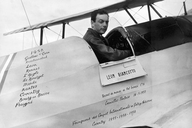 This is French test pilot and aerobatic champion Leon Biancotto at Leeds and  Bradford Airport in May 1959.