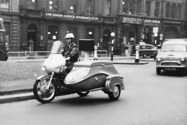 The new look in sidecars for RAC patrolmen - seen in Leeds today for the first-time in October 1959. It was a completely new design, with much more streamlining than the old-style 'box'.