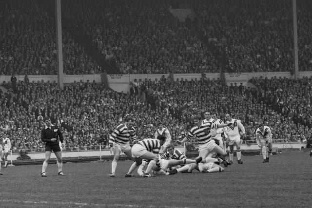 Rugby players in action during the 1970 Challenge Cup Final, Castleford Tigers vs Wigan Warriors, at Wembley.