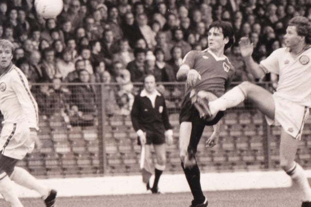 Match action from Elland Road in November 1979 when Bristol City were the visitors. An Eddie Gray goal was not enough as the Robins won 3-1.