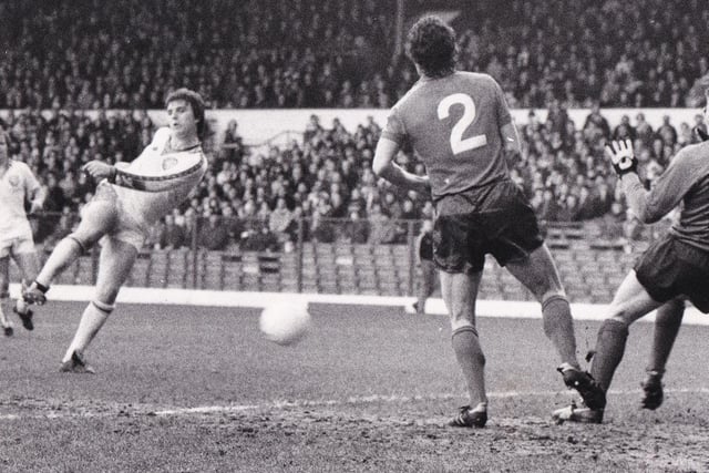 Kevin Hird fires towards goal during Leeds United clash with Bolton Wanderers at Elland Road in February 1980. He scored from the penalty spot that day. The game finished 2-2.