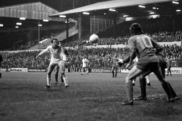 Match action from the UEFA Cup second round, second leg, against Universitatea Craiova at Elland Road in November 1979. The Whites lost 2-0 on the night and 4-0 on aggregate.