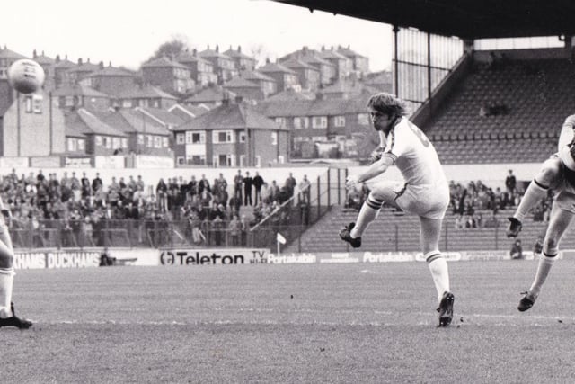 Match action from Leeds United's clash with Aston Villa at Elland Road in April 1980. The game finished goalless.