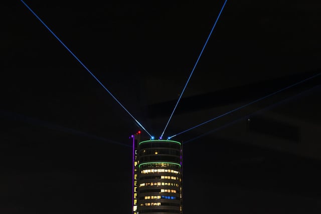 The Light Night lasers were on top of seven city centre rooftops including Bridgewater Place, Wellington Place, the Parkinson Building, Merrion House and The Majestic.