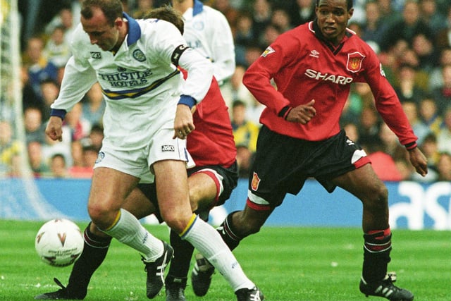 Gary McAllister in action for the Whites against arch rivals Manchester United at Elland Road.