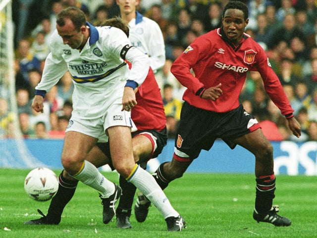 Gary McAllister in action for the Whites against arch rivals Manchester United at Elland Road.