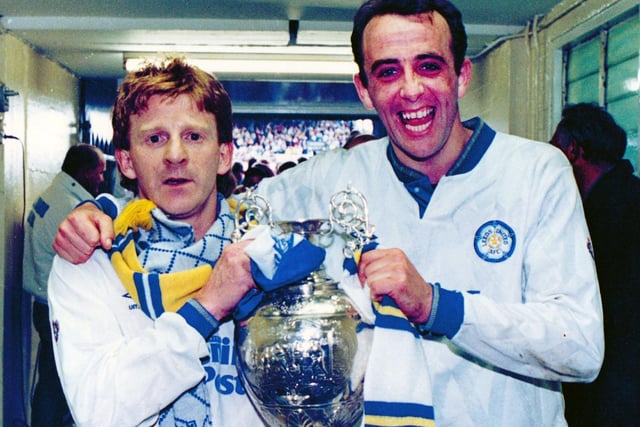 Gordon Strachan and Gary McAllister pose with the First Division trophy after helping the club to the title under Howard Wilkinson in 1991-92.