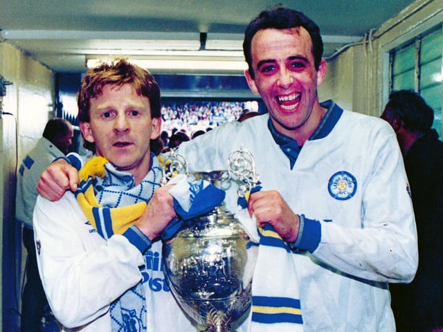 Gordon Strachan and Gary McAllister pose with the First Division trophy after helping the club to the title under Howard Wilkinson in 1991-92.