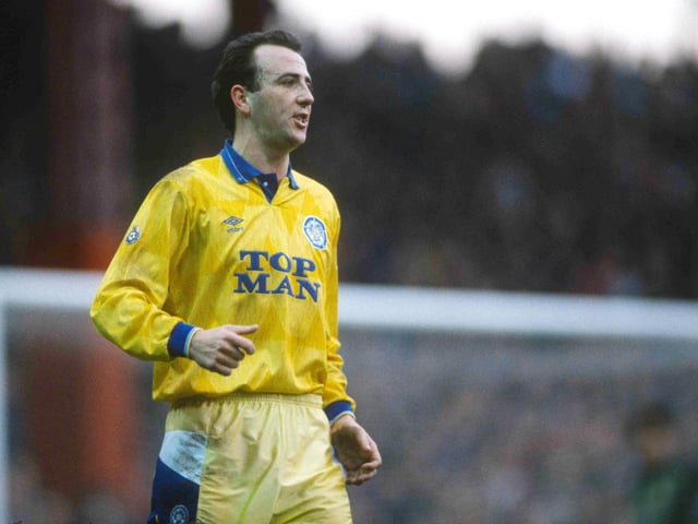 Gary McAllister sports the famours 'Top Man' away strip during his spell at the club.