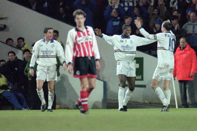 Leeds United celebrate a goal during the 1994-95 season.