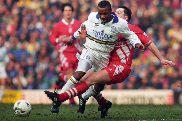 Leeds United forward Rod Wallace is challenged in a game against Liverpool.