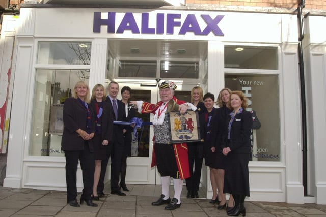 At the opening in 2002 of the Halifax Bank branch on Westborough. Pictured (L-R) are Gill Callam, Lesley Hodgson, Gary Hodgson (Branch Manager), Sarah Woodward (Ass Branch Manager), Alan Booth, Sharon Laverack, Donna Switzer-Green, Faye Charlesworth and Jackie Kay