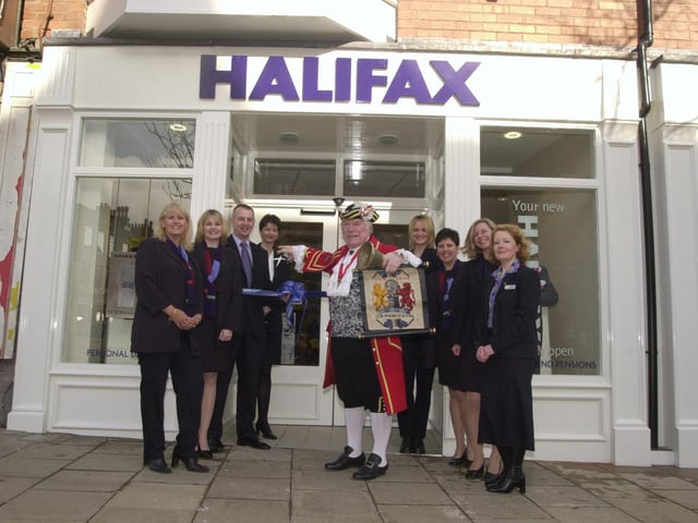 At the opening in 2002 of the Halifax Bank branch on Westborough. Pictured (L-R) are Gill Callam, Lesley Hodgson, Gary Hodgson (Branch Manager), Sarah Woodward (Ass Branch Manager), Alan Booth, Sharon Laverack, Donna Switzer-Green, Faye Charlesworth and Jackie Kay