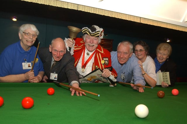 Starting a snooker marathon in 2002 fundraising for the Alzheimers Society at Potters Snooker Club - with, from left, Dorothy Rushworth, John Harrison, Ken Petch, Fay Barnes and Sheila Kenworthy.