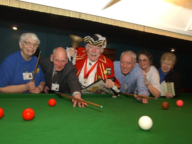 Starting a snooker marathon in 2002 fundraising for the Alzheimers Society at Potters Snooker Club - with, from left, Dorothy Rushworth, John Harrison, Ken Petch, Fay Barnes and Sheila Kenworthy.