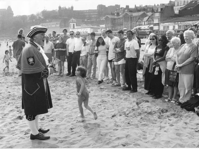 Alan warms up for the Shouting Competition on South Bay sands for BBC TV Weekend Show, in 1995