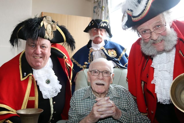 In 2019 the town criers of Scarborough, Filey and Helmsley, along with borough officlals and councillors, visited Alan at St Cecilia's Nursing Home, where he lived, for a party in his honour. The three are David Hinde, David Bull and David Birdsall