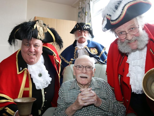 In 2019 the town criers of Scarborough, Filey and Helmsley, along with borough officlals and councillors, visited Alan at St Cecilia's Nursing Home, where he lived, for a party in his honour. The three are David Hinde, David Bull and David Birdsall