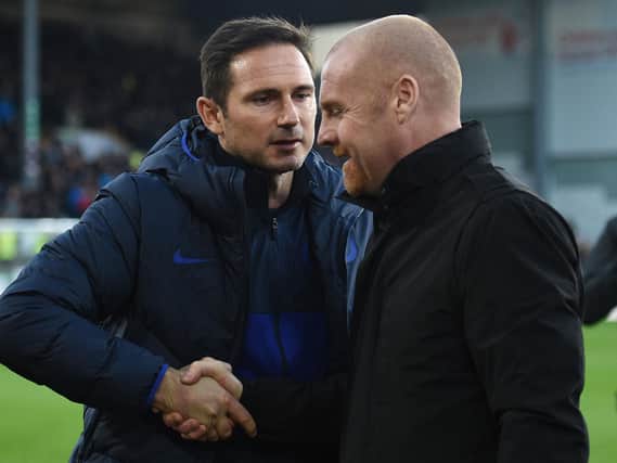 Chelsea boss Frank Lampard is greeted by Sean Dyche ahead of kick off at Turf Moor
