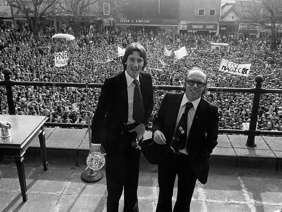 1978 Manager Nobby Stiles and player Mike Elwiss on Harris Museum balcony at the Civic Reception given to PNE in recognition of their promotion