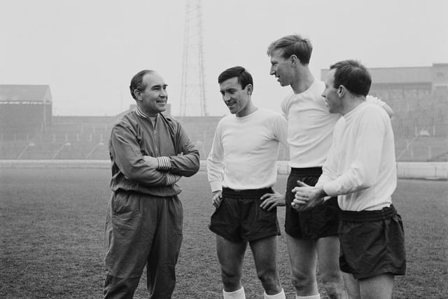 8th April 1965: England manager Alf Ramsey (left) chatting with three of his new team members (left to right) Barry Bridges of Chelsea, Jackie Charlton of Leeds United and Nobby Stiles of Manchester United, at Stamford Bridge during training for their match against Scotland at Wembley