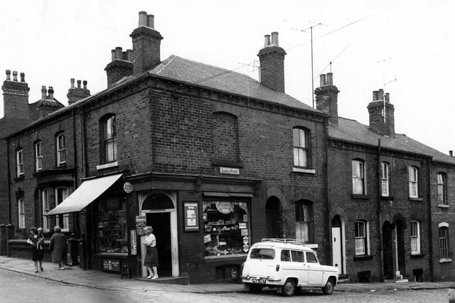 Looking across Beeston's Malvern Road to the junction with Algeria Street in July 1964. The shop occupies premises on the corner and sells groceries and 'local grown caulis, cabbages, carrots and peas.'