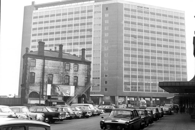 The front of City Station looking towards City House in February 1964. The old City Station booking office can be seen before demolition.