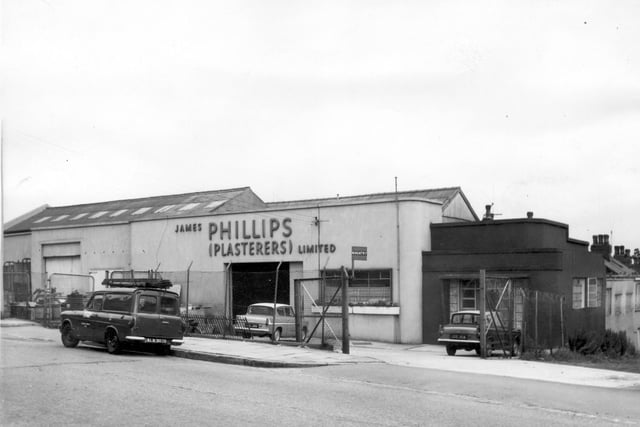July 1964. The premises of James Phillips (Plasterers) Ltd located  at 123 Cemetery Road, Beeston Hill, taken from across Cemetery Road.