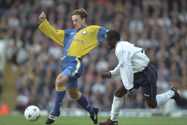 David Robertson reaches for the ball ahead of Tottenham's Ruel Fox at White Hart Lane in November 1997. The Whites won 1-0 thanks to a winner from Rod Wallace.