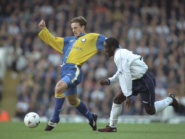 David Robertson reaches for the ball ahead of Tottenham's Ruel Fox at White Hart Lane in November 1997. The Whites won 1-0 thanks to a winner from Rod Wallace.