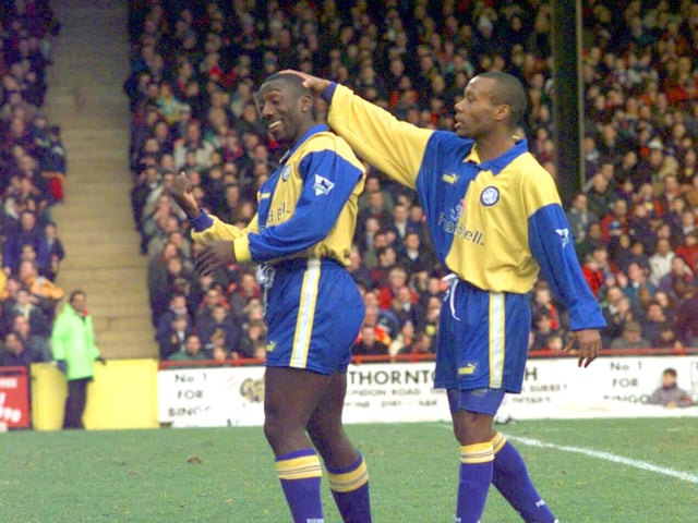 Rod Wallace congratulates strike partner Jimmy Floyd Hasselbaink after he scored at Selhurst Park. 'Hot Rod' scored the other goal as Leeds won 2-0.