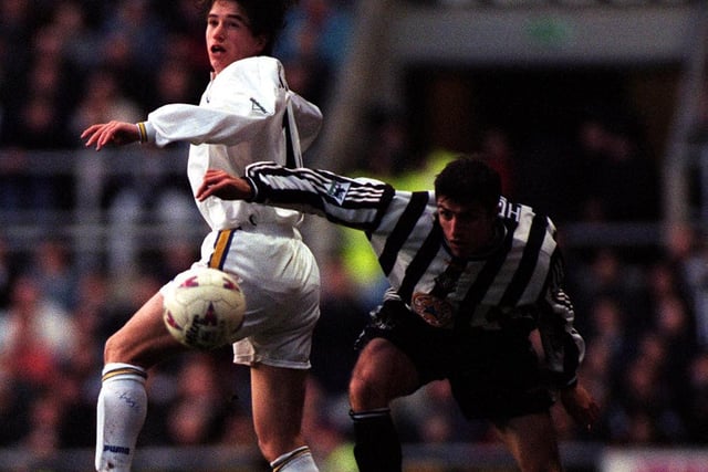 Harry Kewell in action against Newcastle United at St James's Park in February 1998. The game finished 1-1 with Rod Wallace scoring for the Whites.
