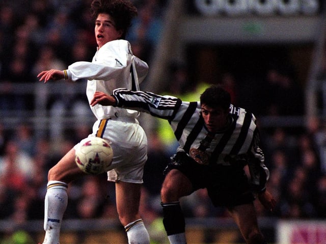 Harry Kewell in action against Newcastle United at St James's Park in February 1998. The game finished 1-1 with Rod Wallace scoring for the Whites.