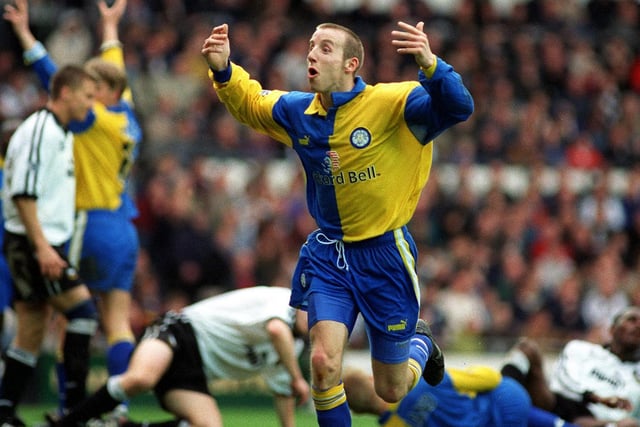 Lee Bowyer celebrates scoring Leeds United's third goal against Derby County at Pride Park in March 1998. The Whites won 5-0.