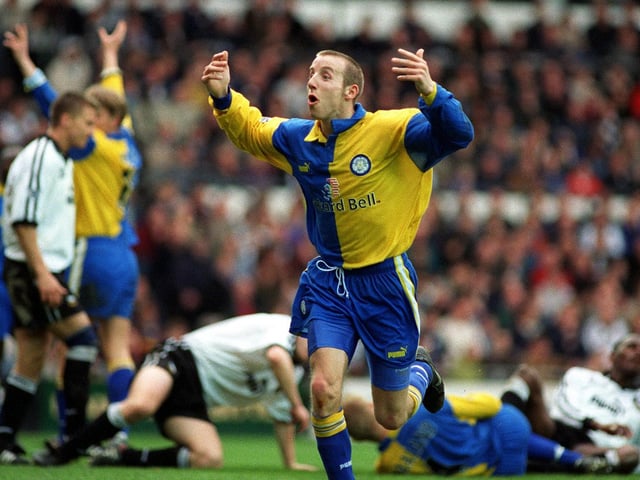 Lee Bowyer celebrates scoring Leeds United's third goal against Derby County at Pride Park in March 1998. The Whites won 5-0.