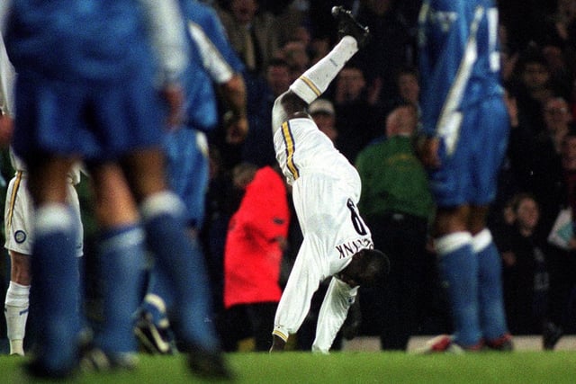 Jimmy Floyd Hasselbaink celebrates scoring against Chelsea at Elland Road in April 1998. The Whites won 3-1.