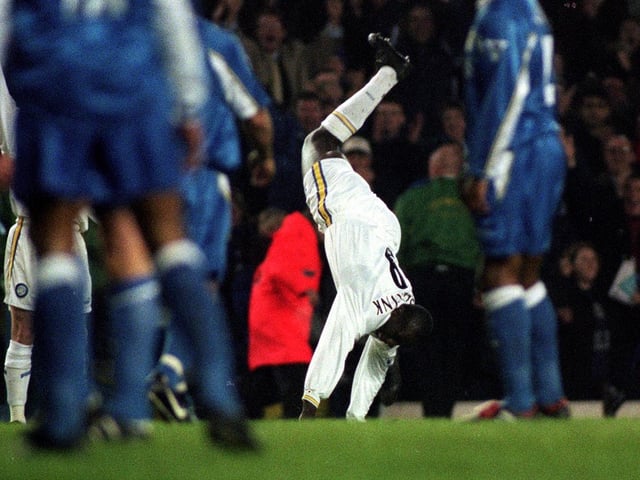 Jimmy Floyd Hasselbaink celebrates scoring against Chelsea at Elland Road in April 1998. The Whites won 3-1.
