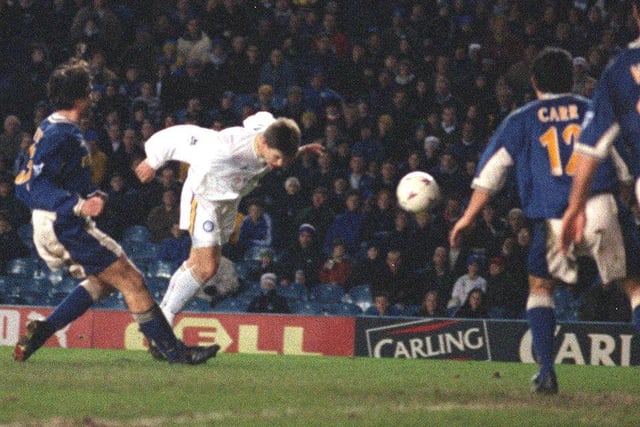 Harry Kewell heads home the only goal of the game against Tottenham Hotspur at Elland Road in March 1998.