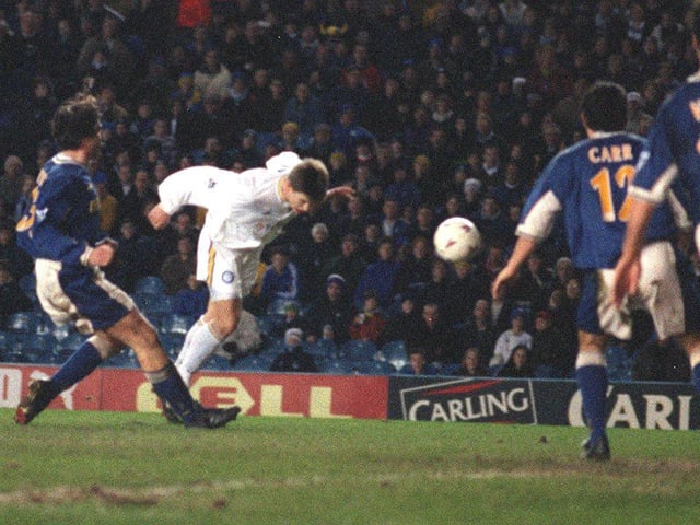 Harry Kewell heads home the only goal of the game against Tottenham Hotspur at Elland Road in March 1998.