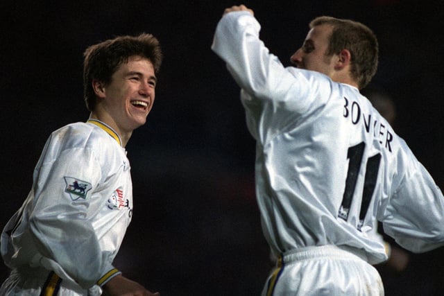 Lee Bowyer celebrates scoring against Blackburn Rovers at Elland Road with Harry Kewell. The Whites won 4-0.