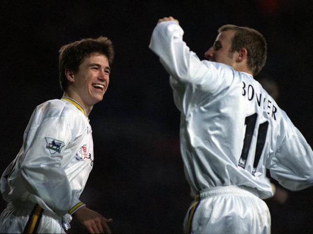 Lee Bowyer celebrates scoring against Blackburn Rovers at Elland Road with Harry Kewell. The Whites won 4-0.