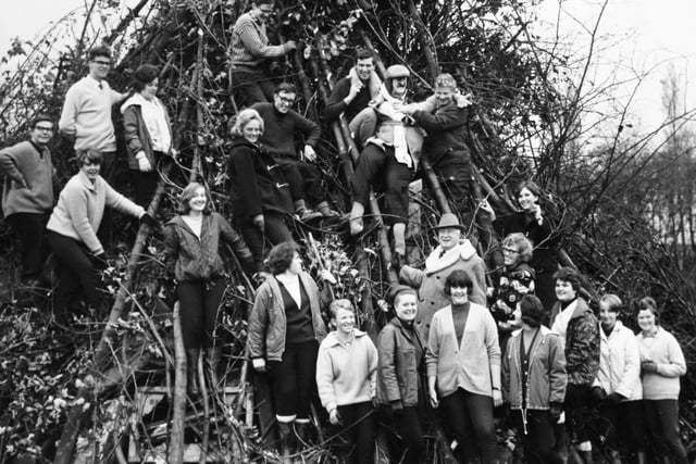 October 1966 and members of the Ripon Young Conservatives put the finishing touches to a bonfire at Creskeld Hall, near Arthington, Otley.