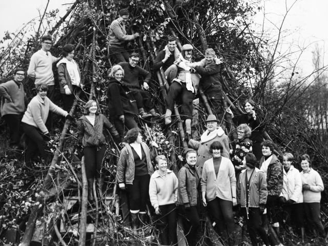 October 1966 and members of the Ripon Young Conservatives put the finishing touches to a bonfire at Creskeld Hall, near Arthington, Otley.