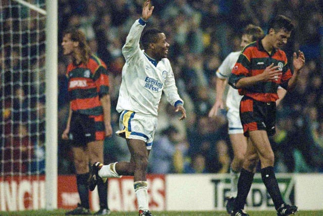 Rod Wallace celebrates scoring against Queen's Park Rangers at Elland Road in November 1991.