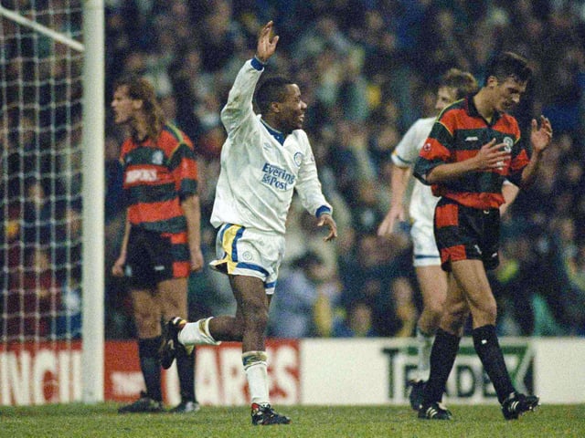 Rod Wallace celebrates scoring against Queen's Park Rangers at Elland Road in November 1991.
